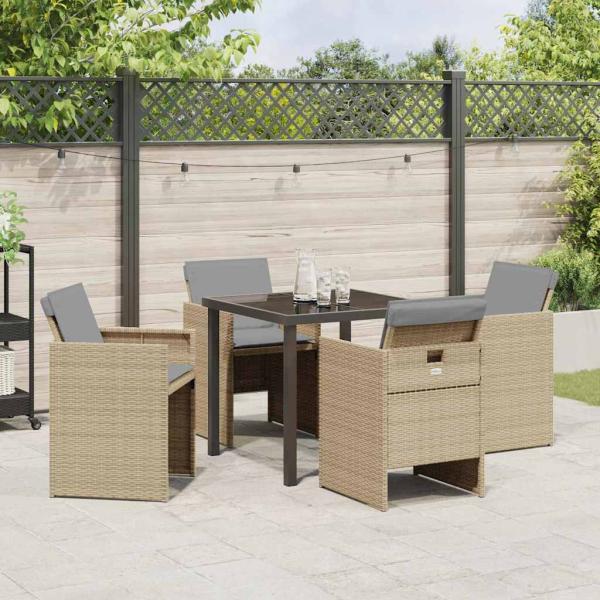 5-tlg. Garten Esstischset mit Kissen Beige Poly Rattan, Gartentisch Schwarz 80x80x73 cm Temperiertes Glas