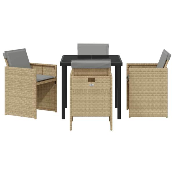 5-tlg. Garten Esstischset mit Kissen Beige Poly Rattan, Gartentisch Schwarz 80x80x73 cm Temperiertes Glas