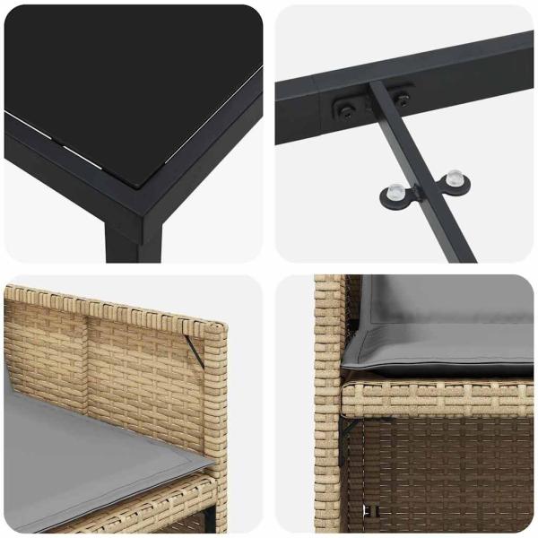 5-tlg. Garten Esstischset mit Kissen Beige Poly Rattan, Gartentisch Schwarz 80x80x73 cm Temperiertes Glas