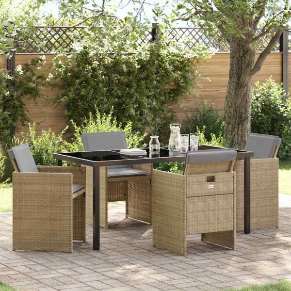 ARDEBO.de - 5-teiliges Garten Esszimmer Set mit Kissen Beigefarben Poly Rattan, Gartentisch Schwarz 160x80x73 cm Mit Tempered Glass