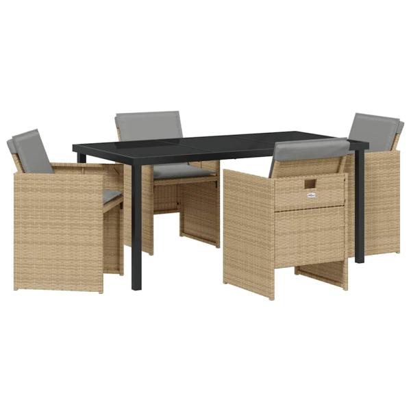 5-teiliges Garten Esszimmer Set mit Kissen Beigefarben Poly Rattan, Gartentisch Schwarz 160x80x73 cm Mit Tempered Glass