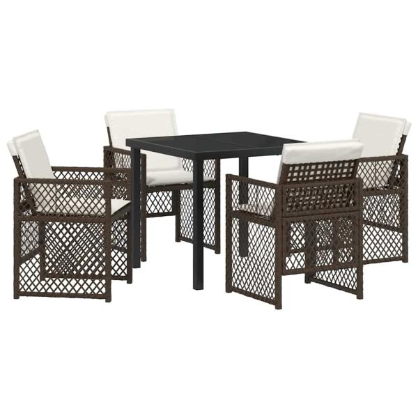 5-teiliges Garten Esstisch Set mit Kissen Braun Poly Rattan, Gartentisch Schwarz 80x80x73 cm Sicherheitsglas