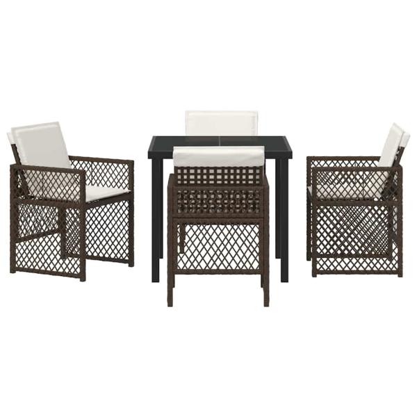 5-teiliges Garten Esstisch Set mit Kissen Braun Poly Rattan, Gartentisch Schwarz 80x80x73 cm Sicherheitsglas