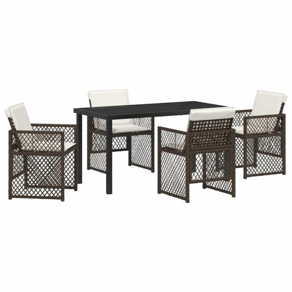 5-teiliges Garten Essset mit Kissen Braun Poly Rattan, Gartentisch Schwarz 140x80x73 cm Mit Sicherheitsglas