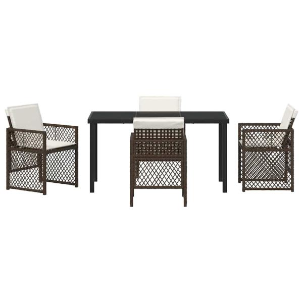 5-teiliges Garten Essset mit Kissen Braun Poly Rattan, Gartentisch Schwarz 140x80x73 cm Mit Sicherheitsglas