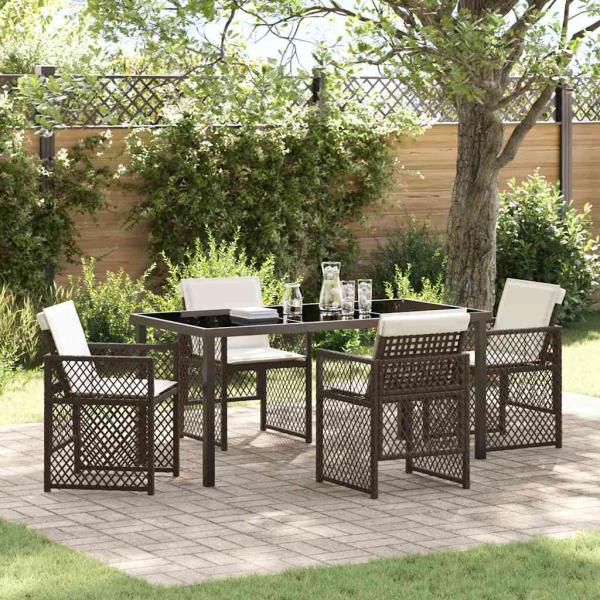 ARDEBO.de - 5-teiliges Garten Essset mit Kissen Braunes Poly Rattan, Gartentisch Schwarz 160x80x73 cm Tempered Glass