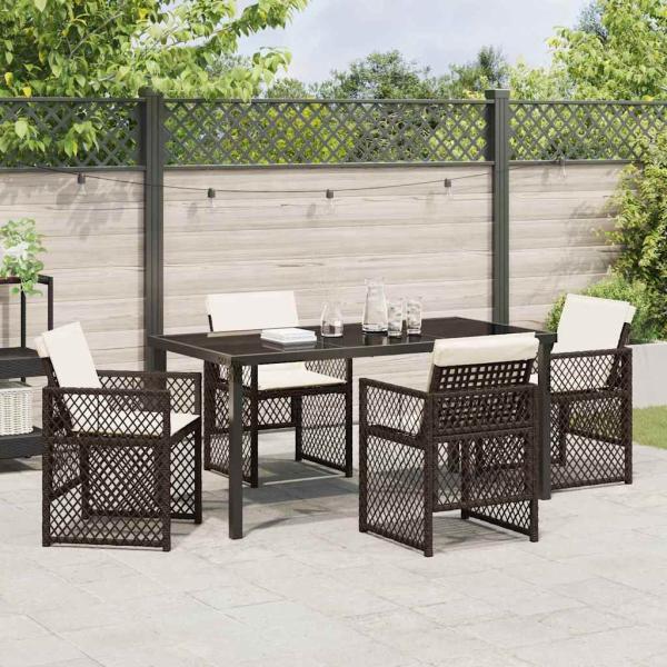 5-teiliges Garten Essset mit Kissen Braunes Poly Rattan, Gartentisch Schwarz 160x80x73 cm Tempered Glass
