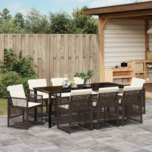 ARDEBO.de - 9-teilige Garten Essgruppe mit Kissen Braunes Poly Rattan, Gartentisch Schwarz 200x80x73 cm Sicherheitsglas