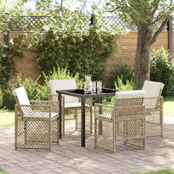 ARDEBO.de - 5-teilige Garten Essgruppe mit Kissen Beige Poly Rattan, Gartentisch Schwarz 80x80x73 cm Sicherheitsglas