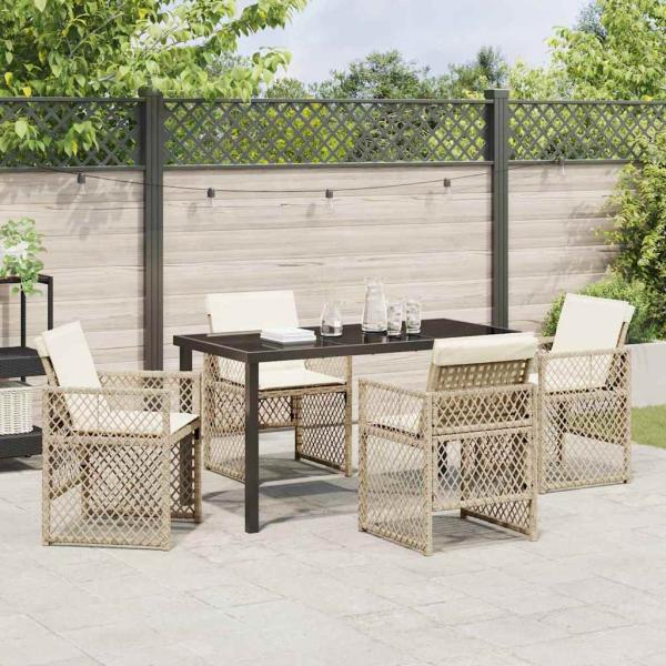 5-teilige Garten Essgruppe mit Kissen Beige Poly-Rattan, Gartentisch Schwarz 140x80x73 cm Gehärtetes Glas