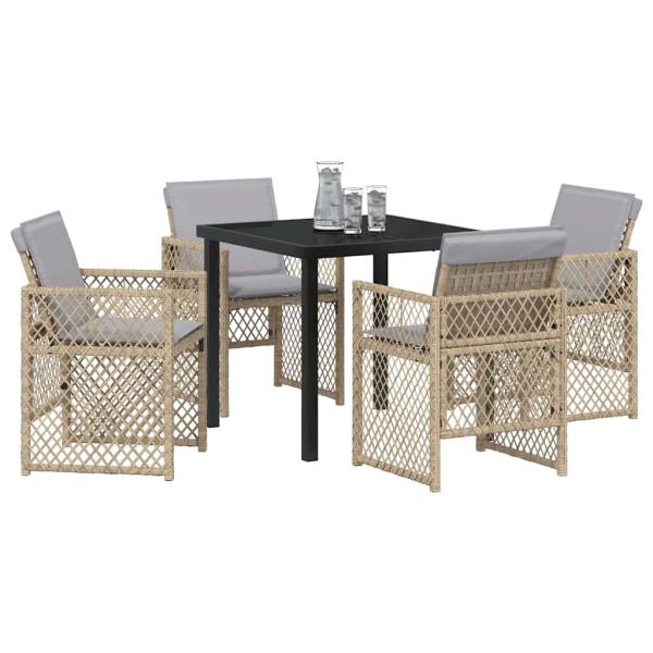 5-teiliges Garten Esstischset mit Kissen Beige Poly Rattan, Gartentisch Schwarz 80x80x73 cm mit gehärtetem Glas