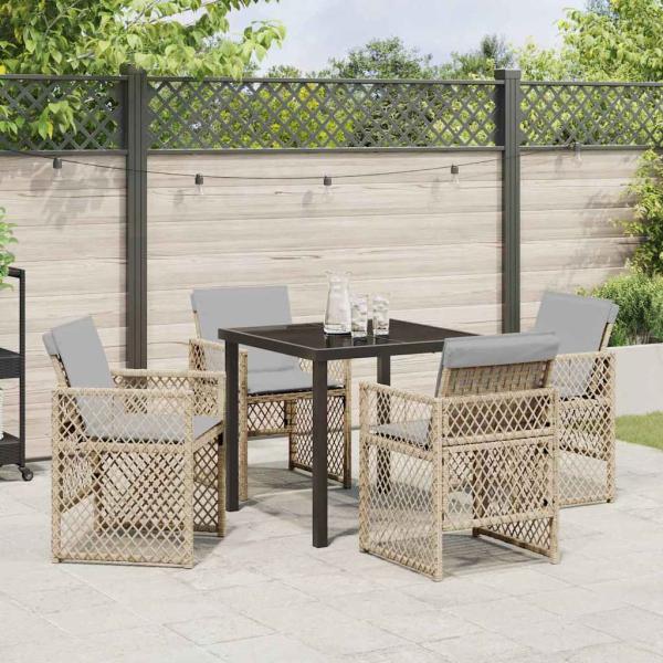 5-teiliges Garten Esstischset mit Kissen Beige Poly Rattan, Gartentisch Schwarz 80x80x73 cm mit gehärtetem Glas