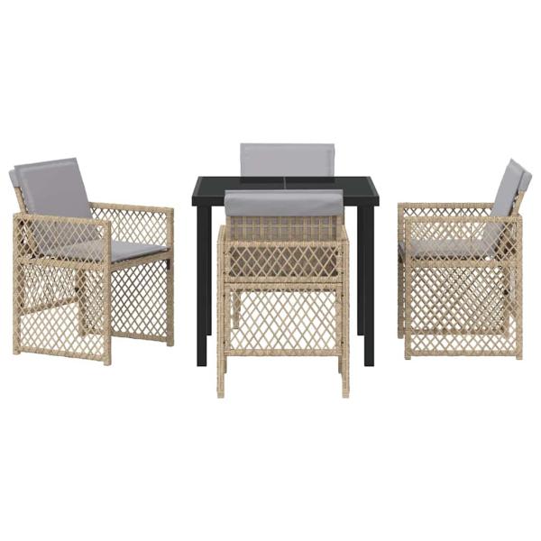 5-teiliges Garten Esstischset mit Kissen Beige Poly Rattan, Gartentisch Schwarz 80x80x73 cm mit gehärtetem Glas