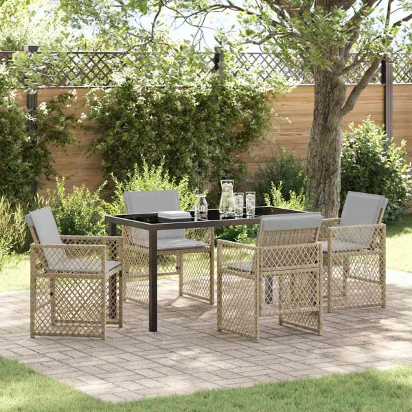 ARDEBO.de - 5-teiliges Garten Esszimmer Set mit Kissen Beige Poly Rattan, Gartentisch Schwarz 140x80x73 cm Sicherheitsglas