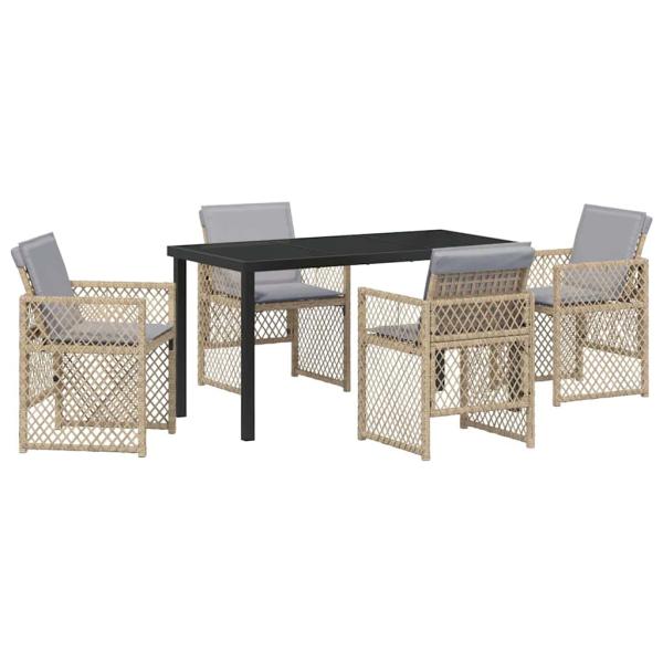 5-teiliges Garten Esszimmer Set mit Kissen Beige Poly Rattan, Gartentisch Schwarz 140x80x73 cm Sicherheitsglas