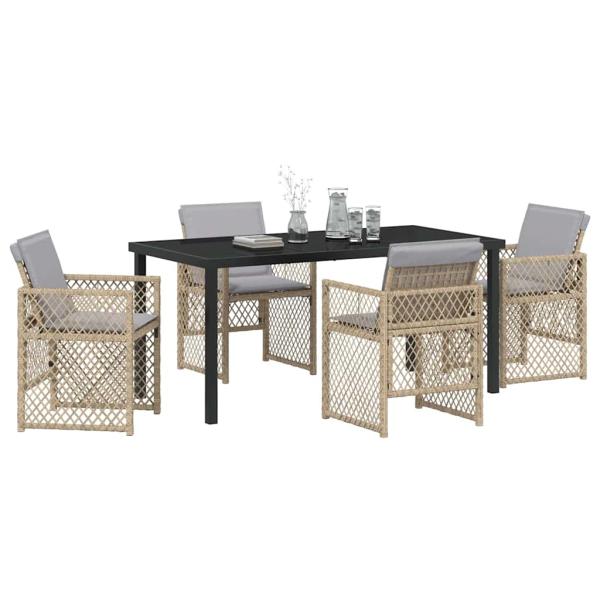 5-teiliges Garten-Essgruppen-Set mit Polsterung Beige Poly-Rattan, Gartentisch Schwarz 160x80x73 cm Temperglas