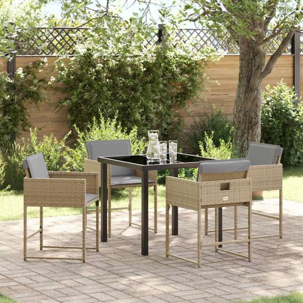 ARDEBO.de - 5-teiliges Garten Essset mit Kissen Beige Poly Rattan, Gartentisch Schwarz 80x80x73 cm Tempered Glass