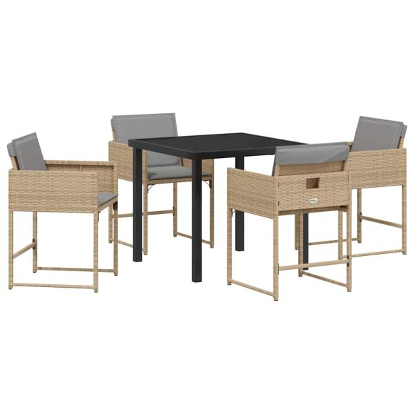 5-teiliges Garten Essset mit Kissen Beige Poly Rattan, Gartentisch Schwarz 80x80x73 cm Tempered Glass