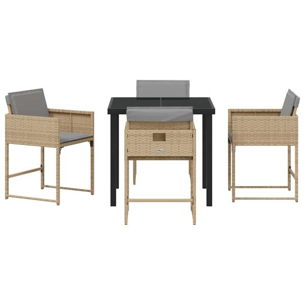 5-teiliges Garten Essset mit Kissen Beige Poly Rattan, Gartentisch Schwarz 80x80x73 cm Tempered Glass
