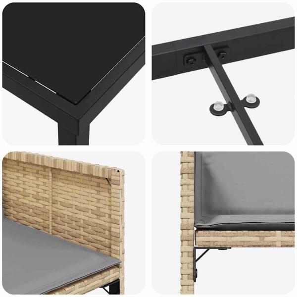 5-teiliges Garten Essset mit Kissen Beige Poly Rattan, Gartentisch Schwarz 80x80x73 cm Tempered Glass