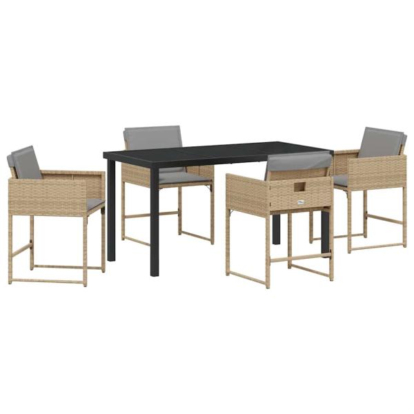 5-teiliges Garten-Ess-Set mit Kissen in Beige Poly Rattan, Gartentisch Schwarz 140x80x73 cm mit gehärtetem Glas