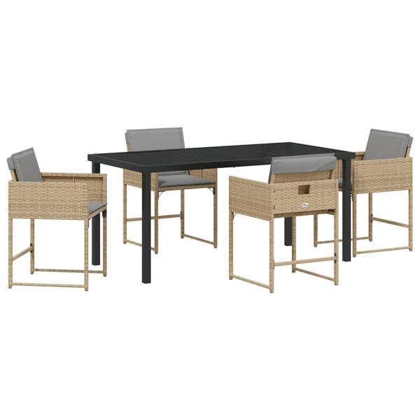 5-teiliges Garten Essset mit Kissen Beiges Poly Rattan, Gartentisch Schwarz 160x80x73 cm Gehärtetes Glas