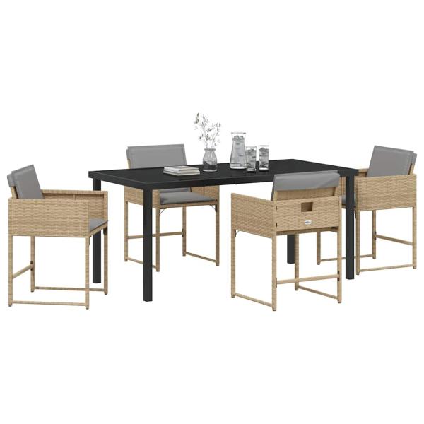 5-teiliges Garten Essset mit Kissen Beiges Poly Rattan, Gartentisch Schwarz 160x80x73 cm Gehärtetes Glas
