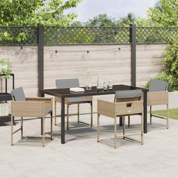 5-teiliges Garten Essset mit Kissen Beiges Poly Rattan, Gartentisch Schwarz 160x80x73 cm Gehärtetes Glas