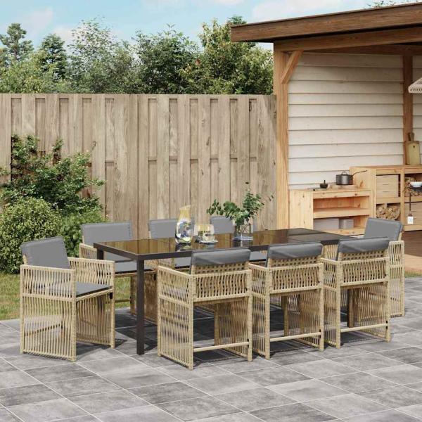 9-teiliges Garten Essset mit Kissen Beige Poly Rattan