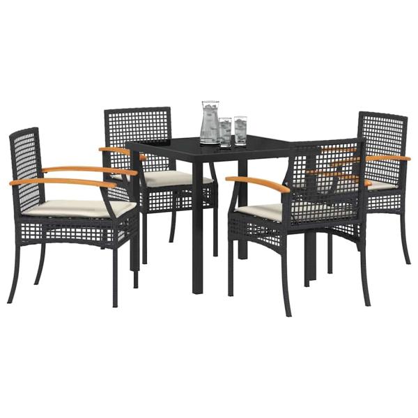 5-teiliges Garten-Ess-Set mit Kissen Schwarz Poly Rattan