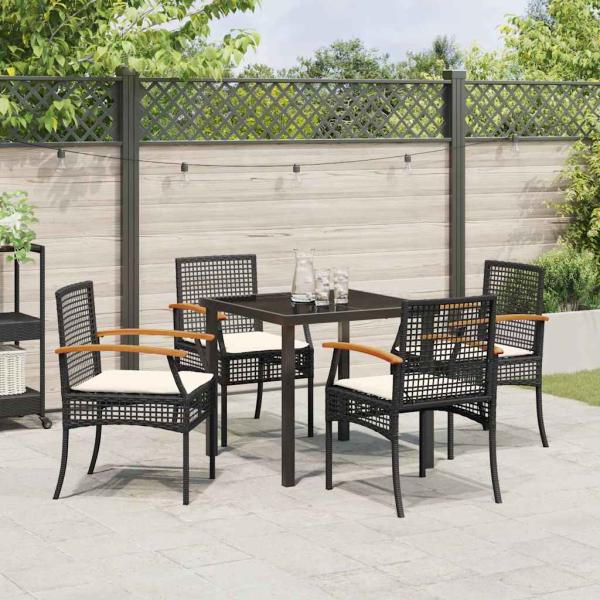 5-teiliges Garten-Ess-Set mit Kissen Schwarz Poly Rattan