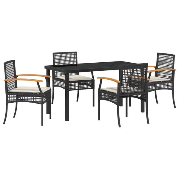 5-teiliges Garten-Ess-Set mit Kissen Schwarzes Poly-Rattan
