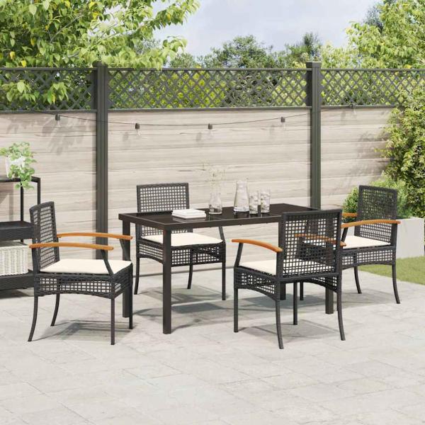 5-teiliges Garten-Ess-Set mit Kissen Schwarzes Poly-Rattan