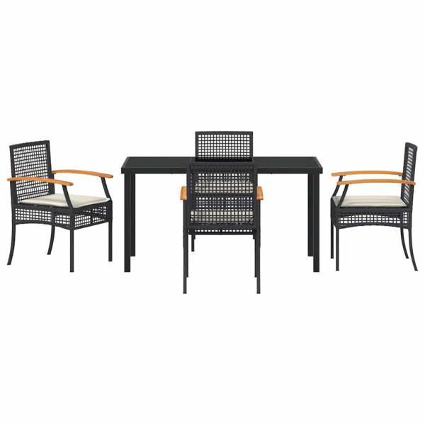 5-teiliges Garten-Ess-Set mit Kissen Schwarzes Poly-Rattan