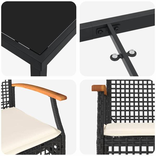 7-teiliges Garten-Essensemble mit Kissen Schwarz Poly Rattan