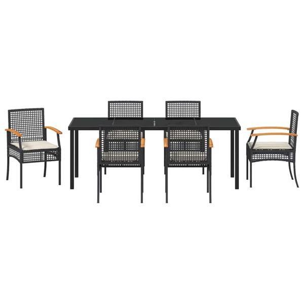 7-teiliges Garten-Ess-Set mit Kissen Schwarz Poly-Rattan