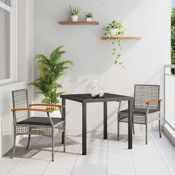 ARDEBO.de - 3-teiliges Garten-Ess-Set mit Kissen Grau Poly-Rattan