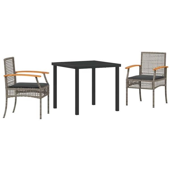 3-teiliges Garten-Ess-Set mit Kissen Grau Poly-Rattan