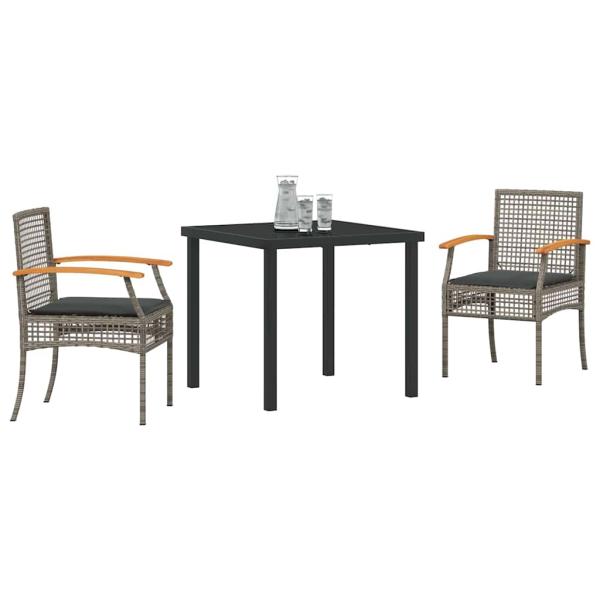 3-teiliges Garten-Ess-Set mit Kissen Grau Poly-Rattan