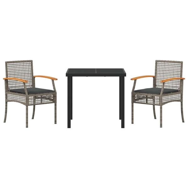3-teiliges Garten-Ess-Set mit Kissen Grau Poly-Rattan
