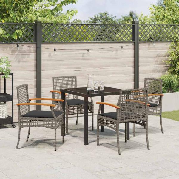5-teiliges Garten-Dining-Set mit Kissen Grau Poly-Rattan