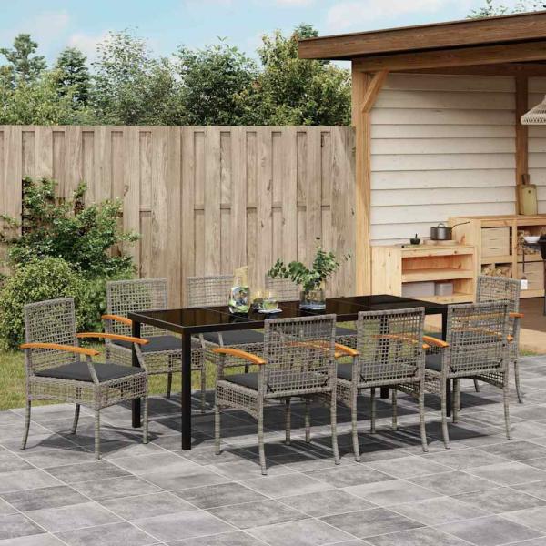 Garten Essgruppe 9 stk. Grau und Schwarz Rattan