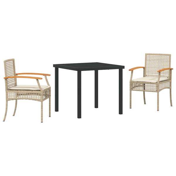 3-teiliges Garten-Ess-Set mit Kissen Beige Poly-Rattan