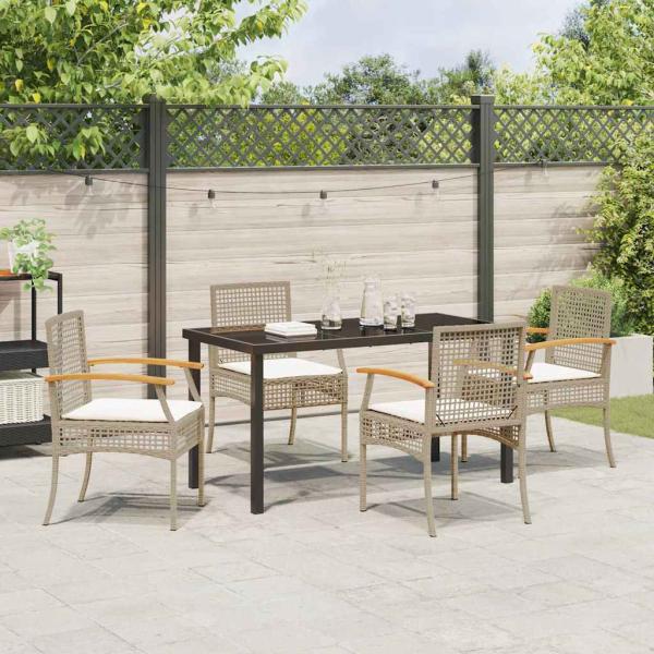 5 Teiliges Garten-Ess-Set mit Kissen Beige Poly-Rattan