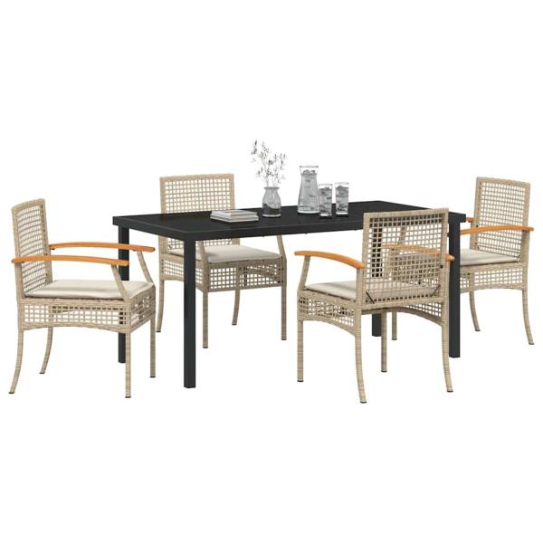 5-teiliges Garten-Essset mit Kissen Beige Poly Rattan