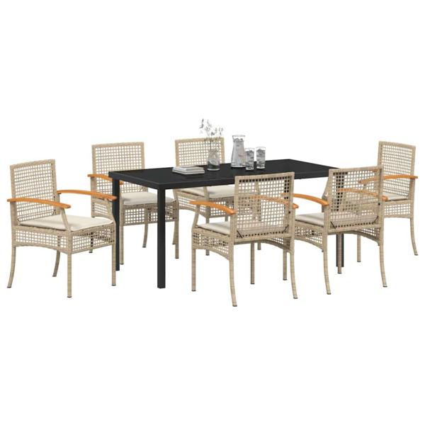 7-teiliges Garten-Essset mit Kissen Beige Poly-Rattan