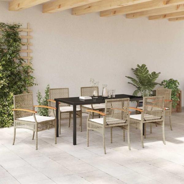 7-teiliges Garten-Essset mit Kissen Beige Poly-Rattan