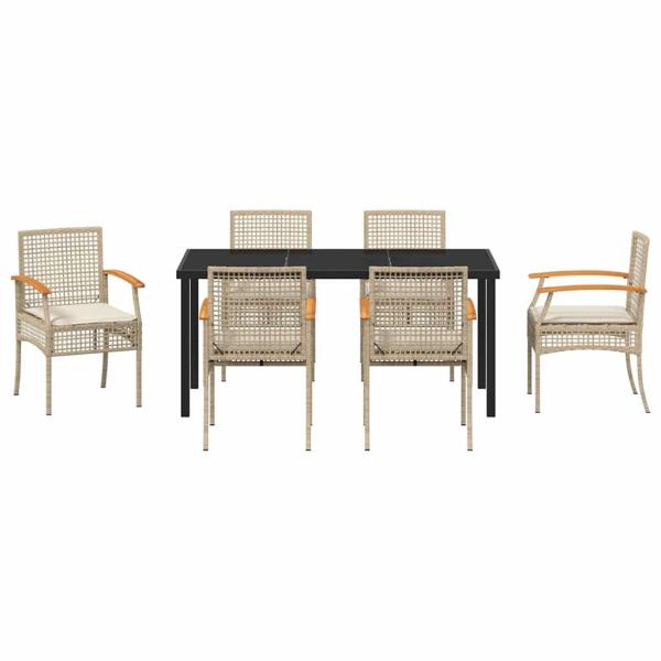 7-teiliges Garten-Essset mit Kissen Beige Poly-Rattan