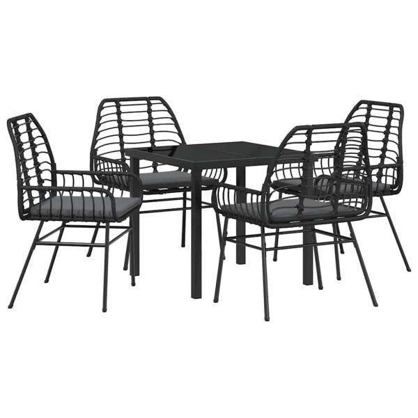 5-teiliges Garten-Ess-Set mit Kissen in Schwarz Poly-Rattan