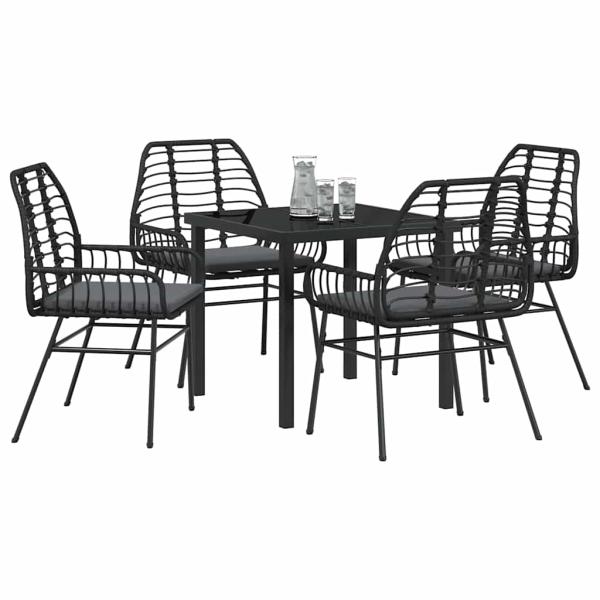 5-teiliges Garten-Ess-Set mit Kissen in Schwarz Poly-Rattan